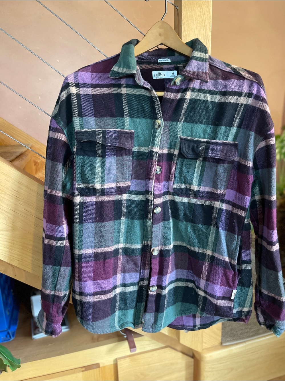 Hollister Womens Plaid Button-Up Shirt Jacket - Green & Purple